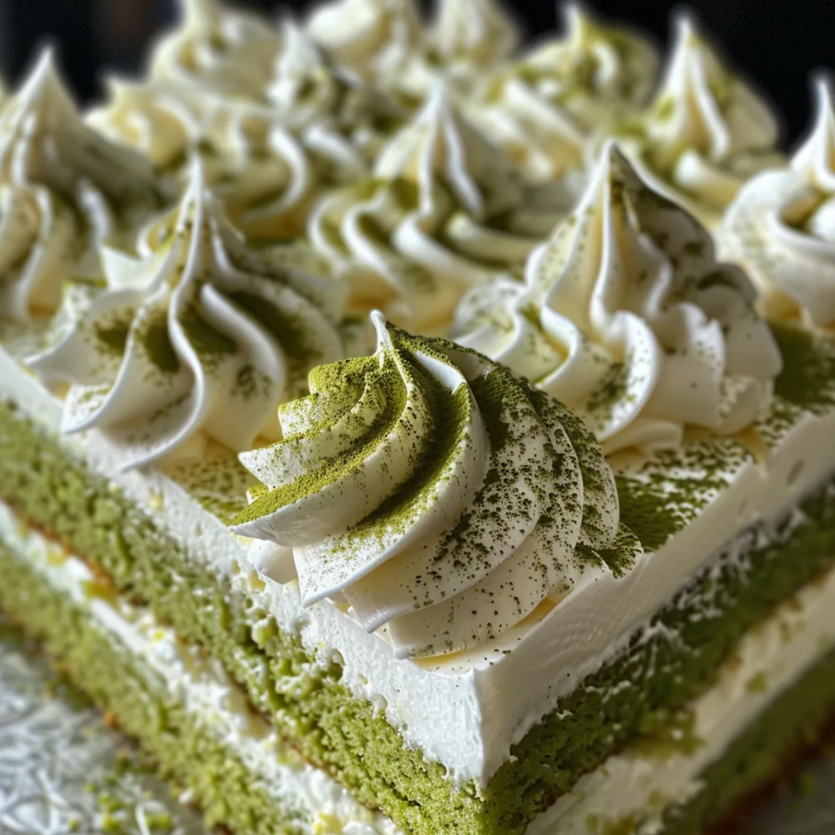 A plated slice of Matcha Tres Leches with whipped cream and fresh strawberries