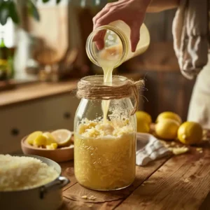 Adding whey to lemon and sugar mixture for fermented probiotic lemonade