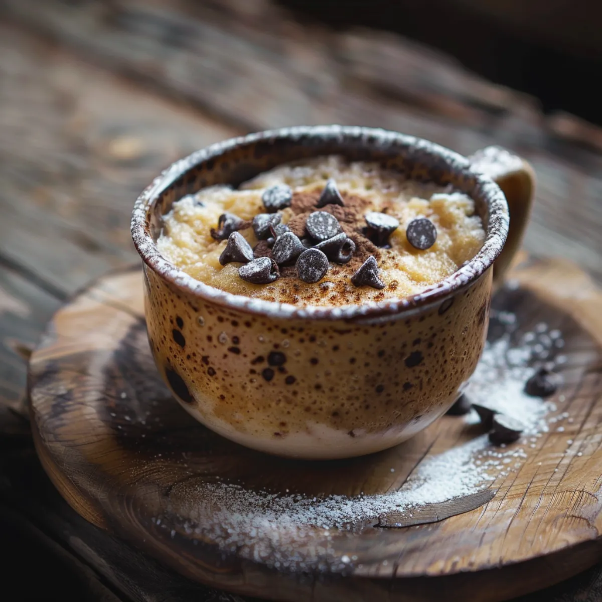 Banana mug cake served with vanilla ice cream, caramel drizzle, and crushed nuts