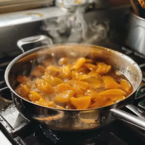 Candied fruit simmering in sugar syrup for a homemade candied fruit hack