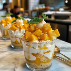 Chilled mango sago dessert with tropical fruits in natural light