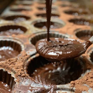 Chocolate madeleine batter being spooned into a mold