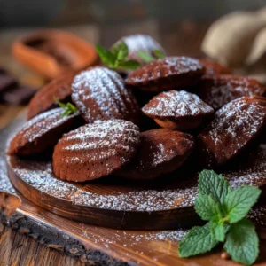 Chocolate madeleines served with mint tea and raspberry jam