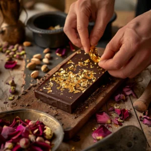 Chocolatier applying gold leaf to handcrafted Dubai Chocolate Bar