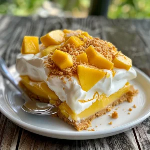 Close-up of mango float layers with cream, graham crackers, and fresh mangoes