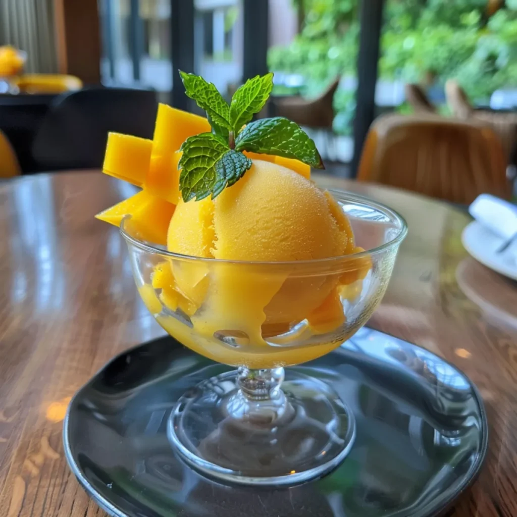 Creamy Mango Sorbet garnished with fresh mint leaves