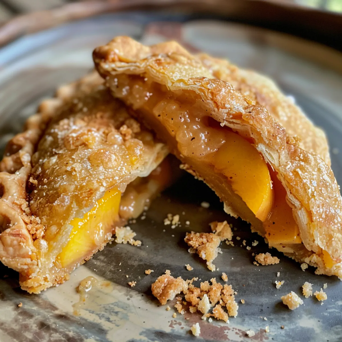 Crispy fried peach mango pie with juicy filling on plate