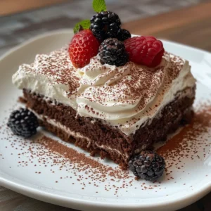 Decadent Chocolate Tres Leches cake with whipped cream and chocolate shavings