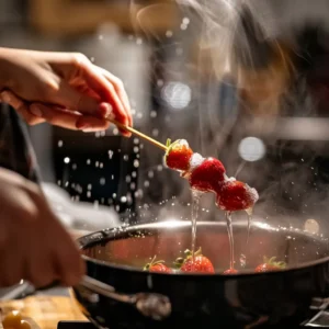 Dipping skewered strawberries into sugar syrup for the Tanghulu Challenge