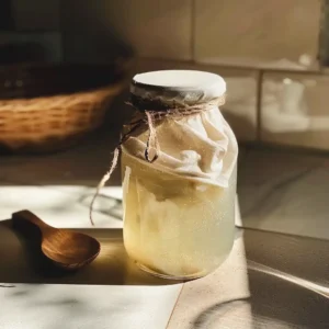 Fermenting kefir soda in a jar with kefir grains and sugar water