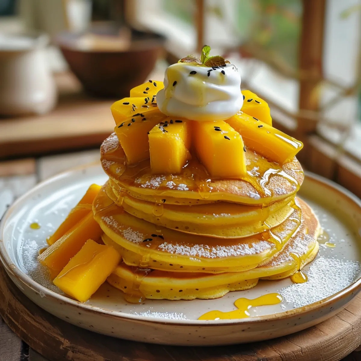 Fluffy mango pancake stack with fresh mango and cream
