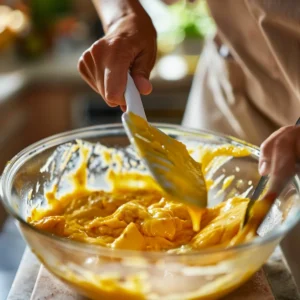 Folding mango puree into cake batter for mango sponge