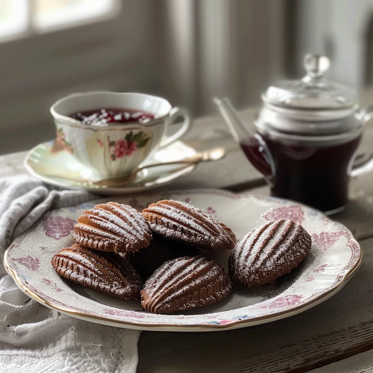 Freshly baked chocolate madeleines dusted with powdered sugar