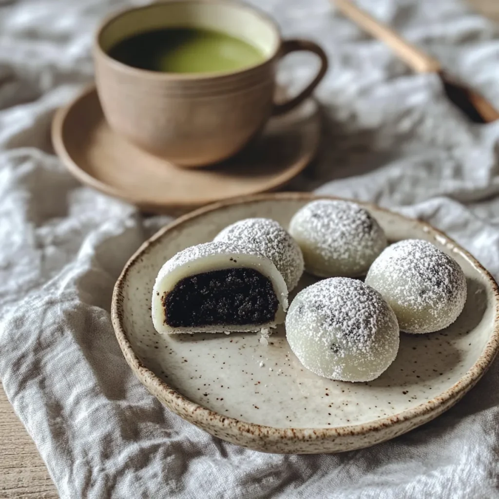 Freshly made OREO Mochi served on a plate with one cut open