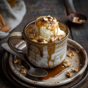 Freshly made banana mug cake in a rustic mug, topped with chocolate chips and powdered sugar