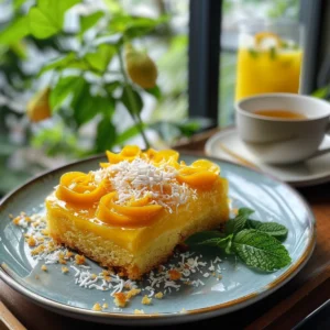 Freshly sliced mango cake with whipped cream and mango toppings
