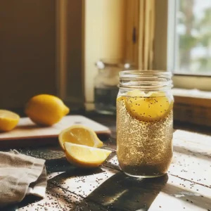 Glass of Internal Shower Chia Seed Water served with lemon and mint