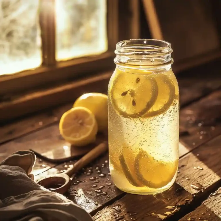 Glass of fermented probiotic lemonade served with mint and mango sorbet