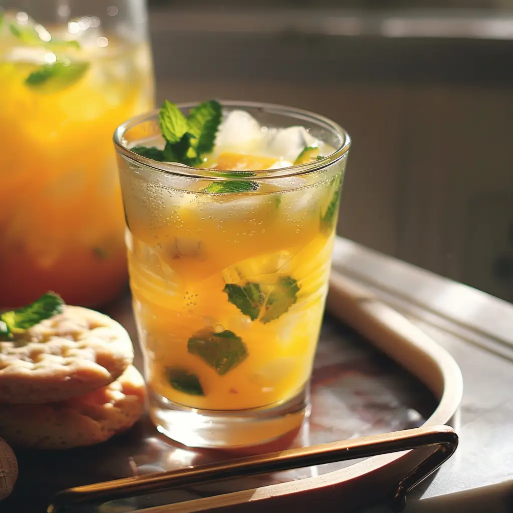 Glass of mango kefir soda served with mint and healthy snack