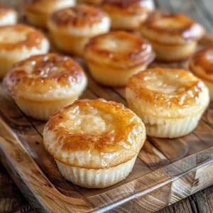 Golden brown butter mochi cupcakes on a rustic tray, showing their chewy interior.