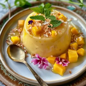 Golden mango pudding in a dessert cup topped with mint and mango chunks