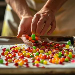 Grape being rolled in crushed Skittles during preparation
