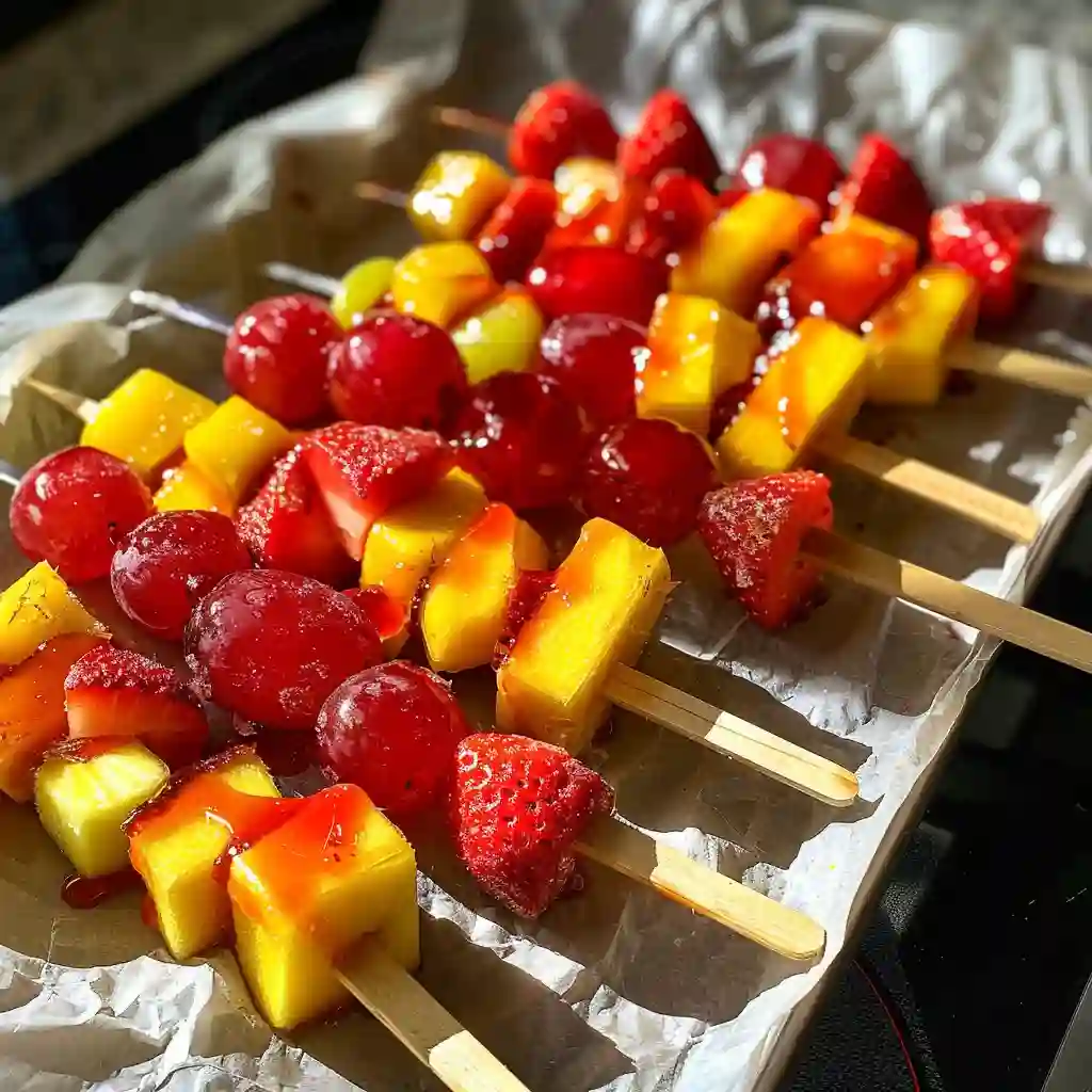 Homemade strawberry tanghulu skewers with sugar glaze on wooden plate