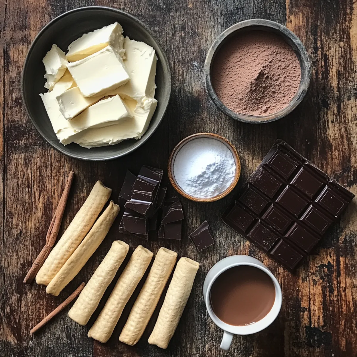 Ingredients for Chocolate Tiramisu on rustic kitchen counter