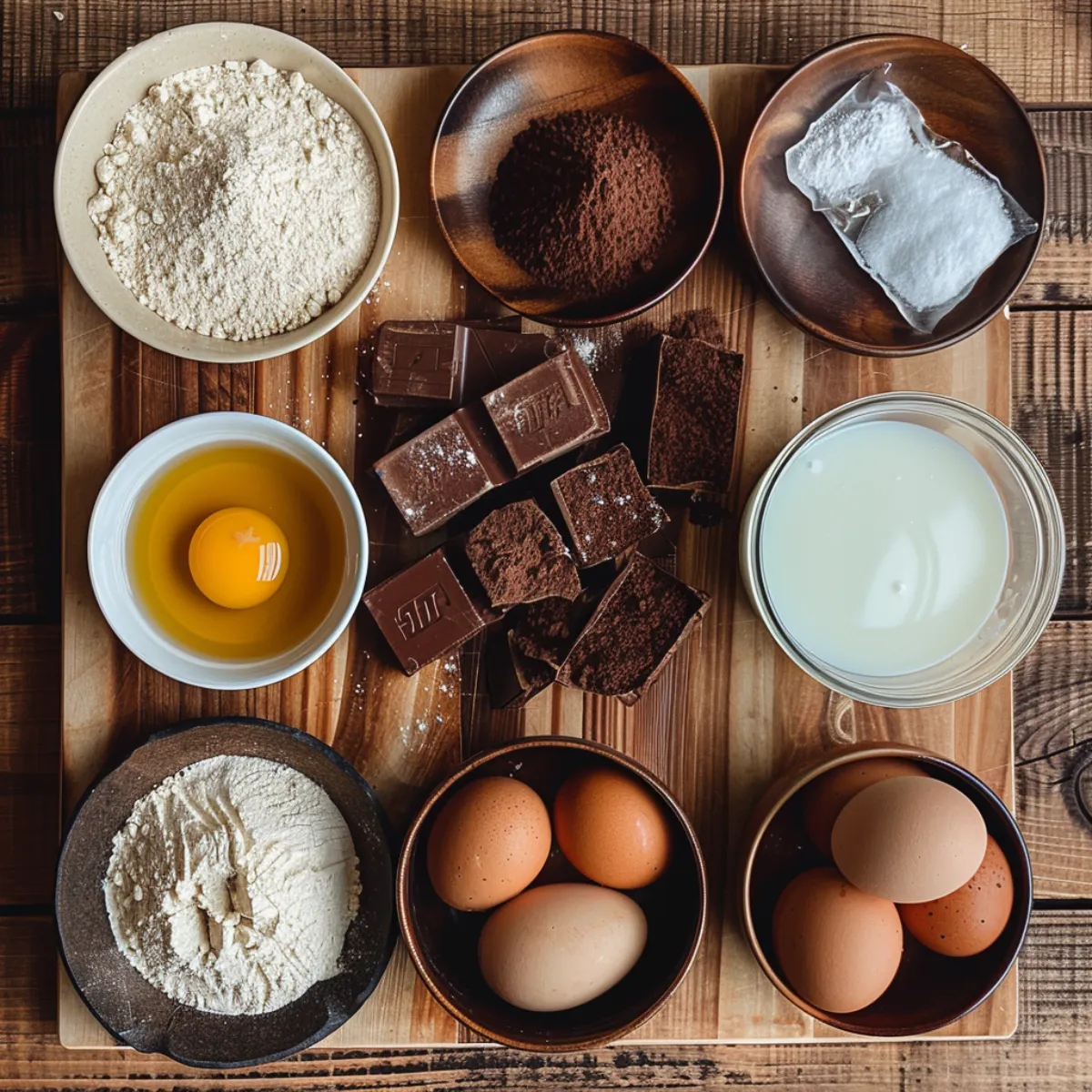Ingredients for Chocolate Tres Leches displayed on a kitchen counter