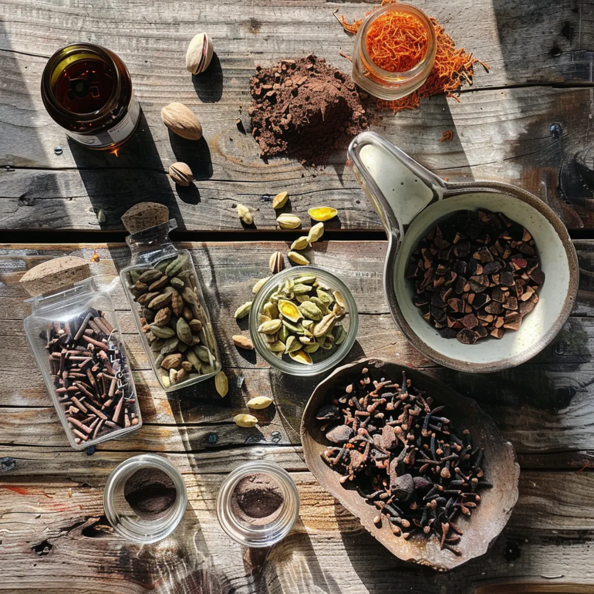 Ingredients for Dubai Chocolate Bar including saffron, cardamom, cocoa, and camel milk