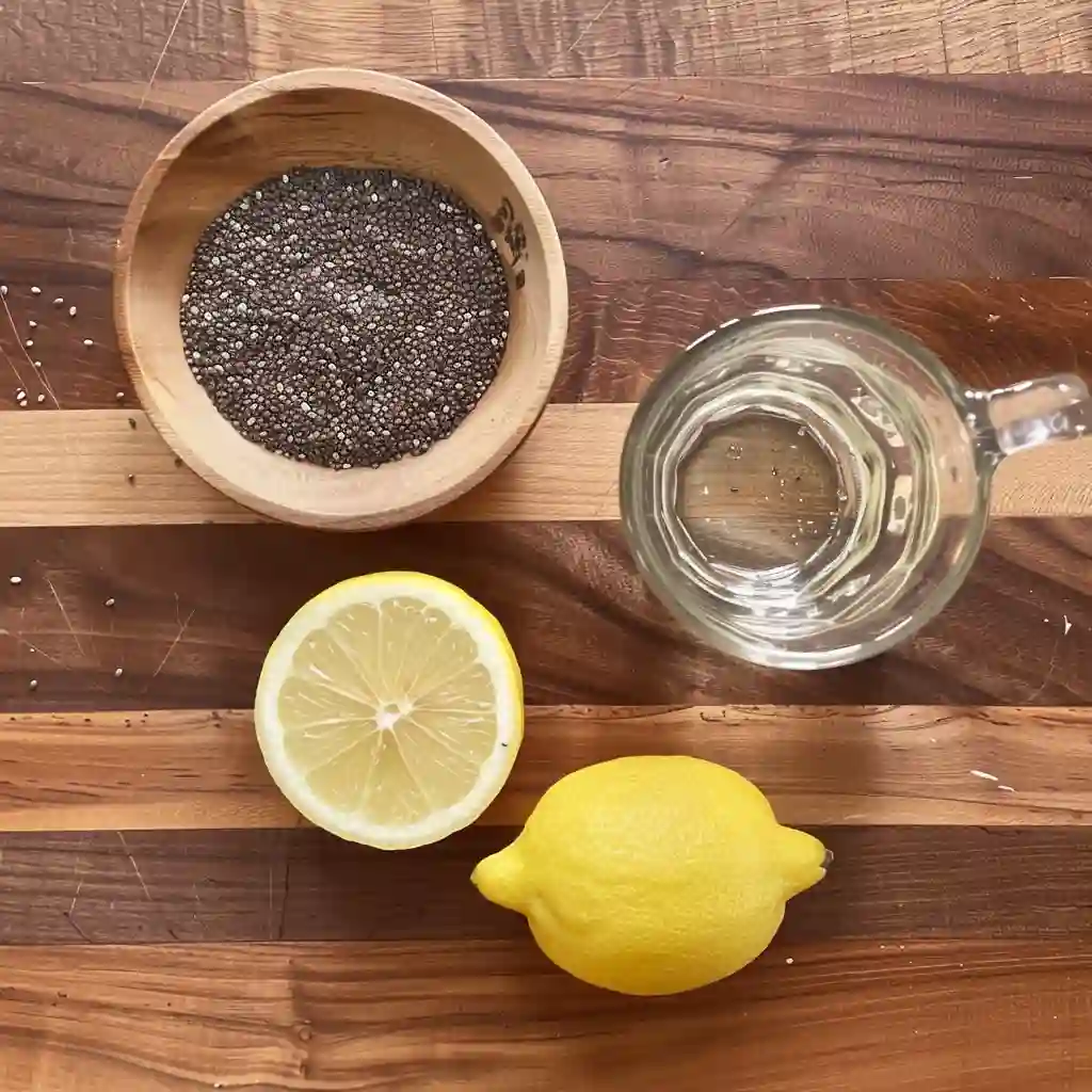 Ingredients for Internal Shower Chia Seed Water laid out on kitchen counter