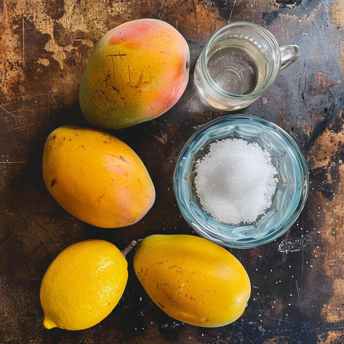 Ingredients for Mango Sorbet including ripe mangoes, sugar, lemon, and water