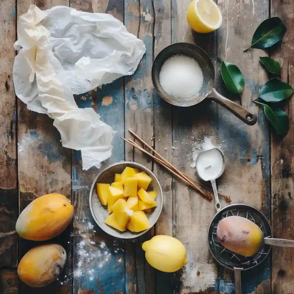 Ingredients for Mango Tanghulu including mango, sugar, and skewers