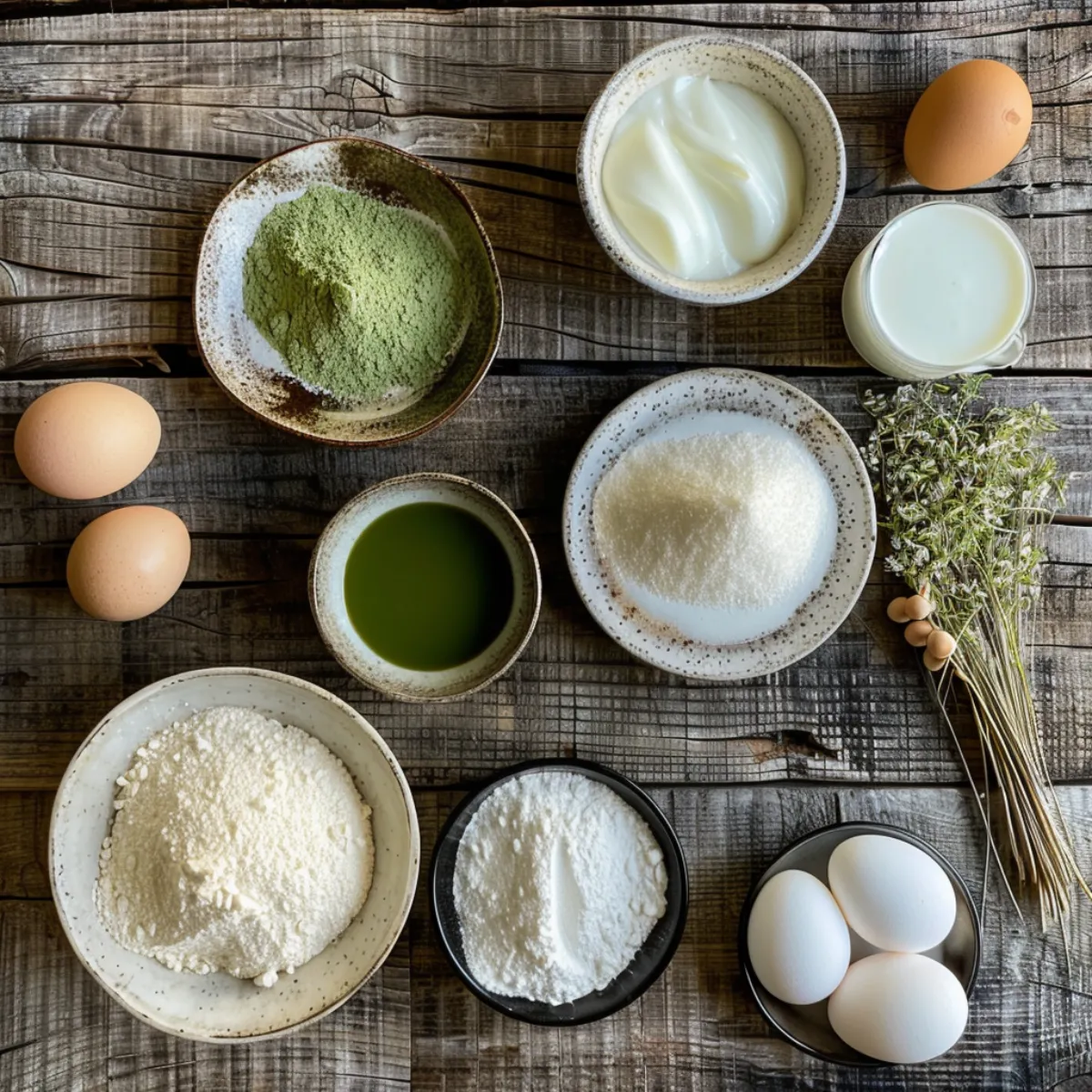 Ingredients for Matcha Tres Leches on a rustic kitchen counter