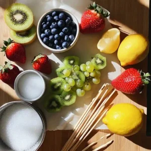Ingredients for Tanghulu (candied fruit skewers) including fresh fruit and sugar