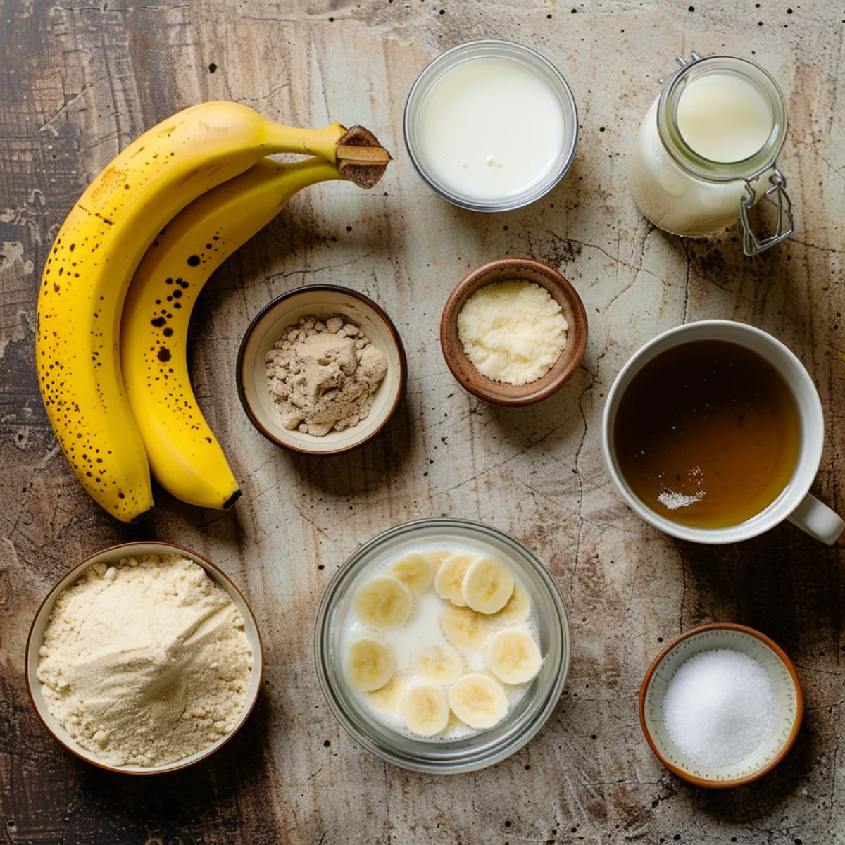 Ingredients for banana mug cake neatly displayed on a kitchen counter