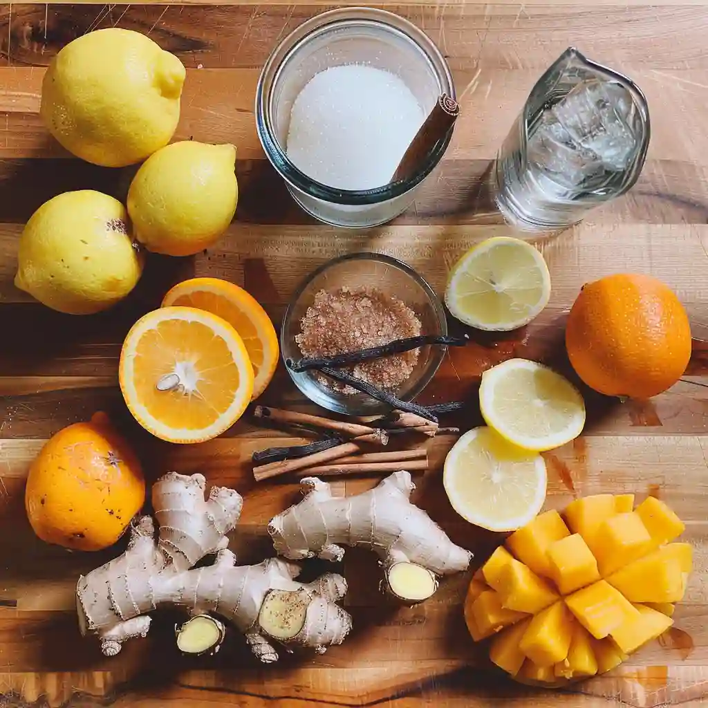 Ingredients for candied fruit hack including fresh fruits, sugar, and spices