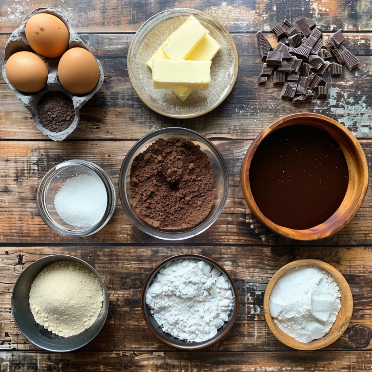 Ingredients for chocolate madeleines on a rustic kitchen counter
