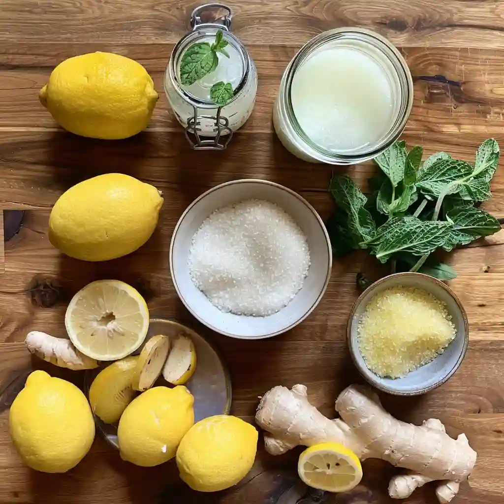 Ingredients for fermented probiotic lemonade laid out on kitchen counter