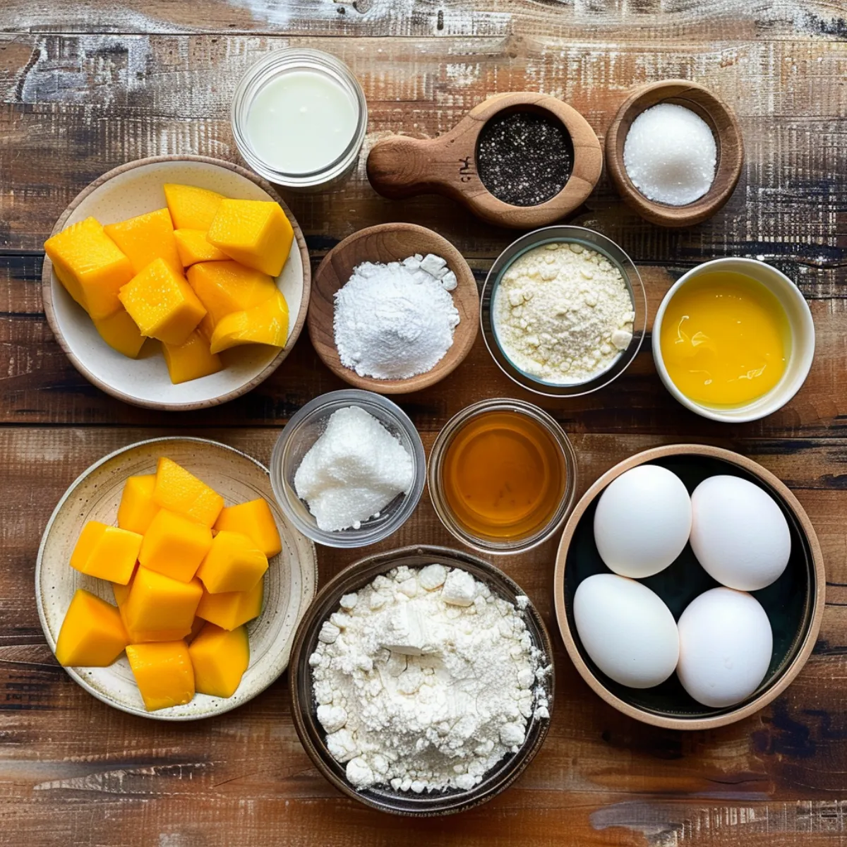 Ingredients for homemade mango cake including fresh mangoes