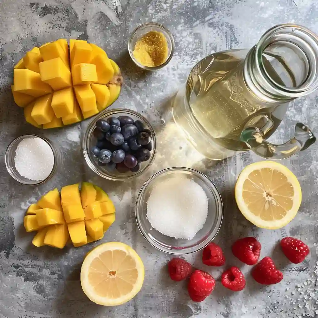 Ingredients for kefir soda including kefir grains, sugar, fruit, and lemon