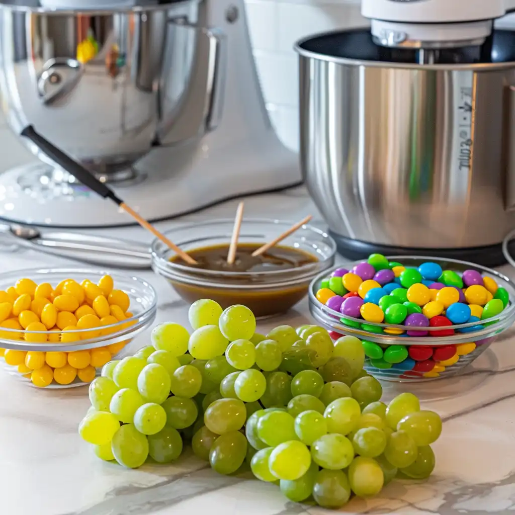 Ingredients for making Skittles Grapes including grapes, Skittles, and syrup