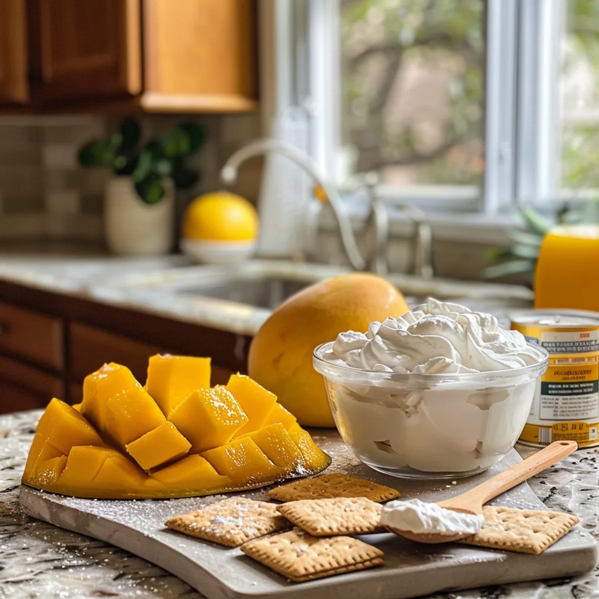 Ingredients for mango float on kitchen counter with natural light