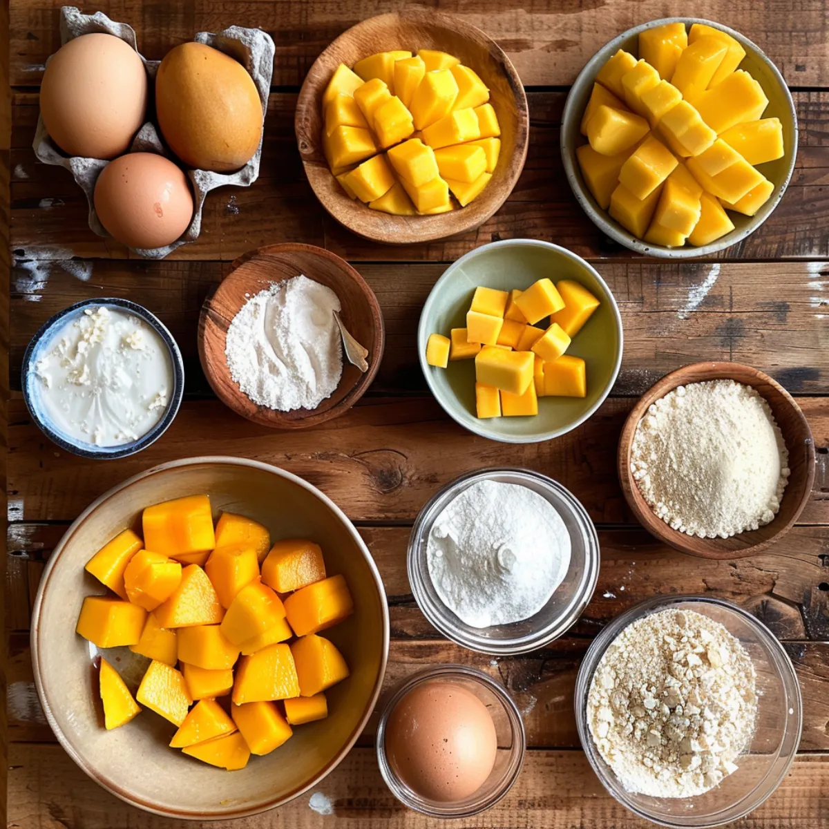 Ingredients for mango pancake recipe laid out on kitchen counter