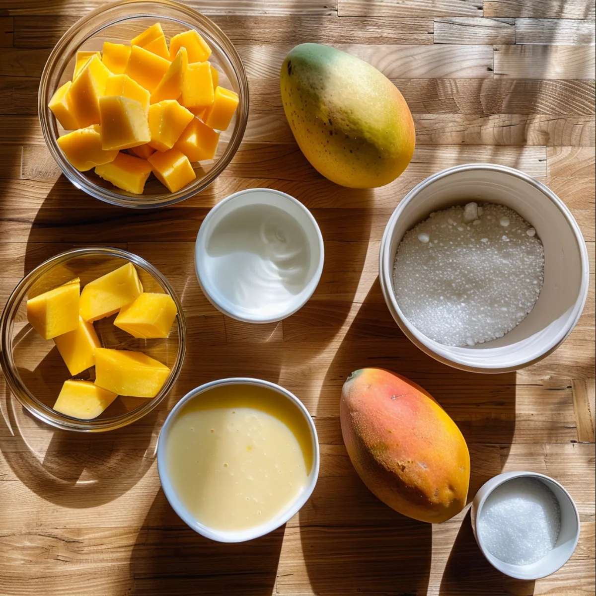 Ingredients for mango pudding including ripe mangoes, condensed milk, and cream