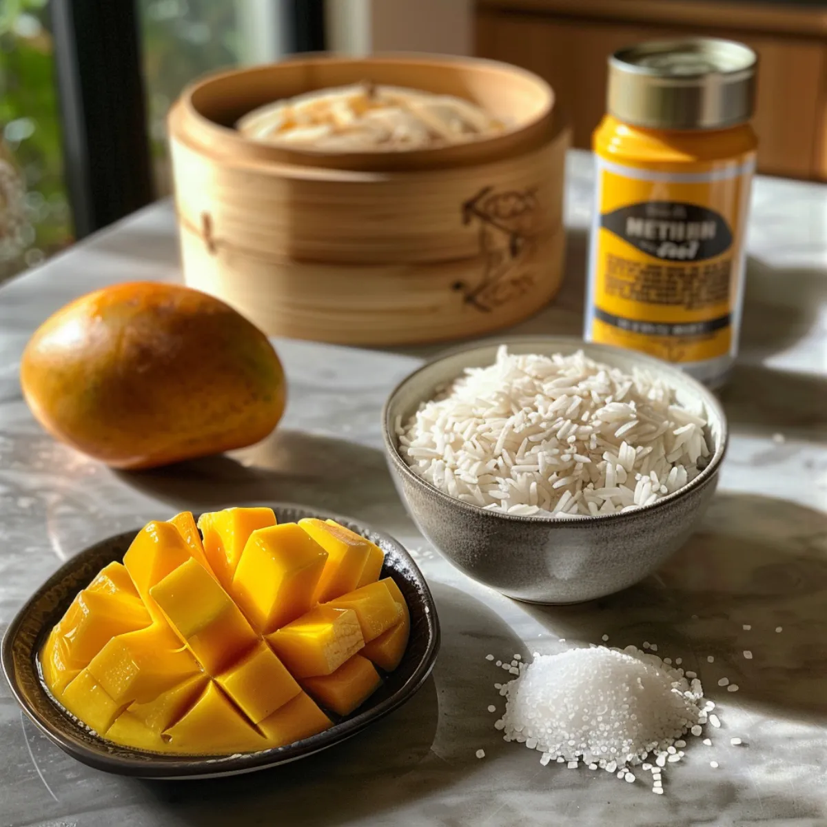 Ingredients for mango sticky rice including glutinous rice, coconut milk, and ripe mango