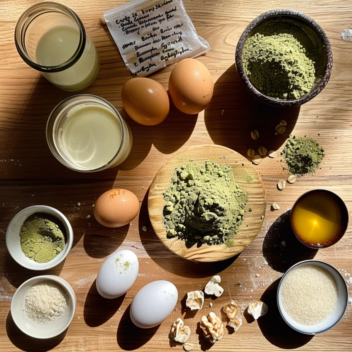 Ingredients for matcha-cupcakes arranged on kitchen counter