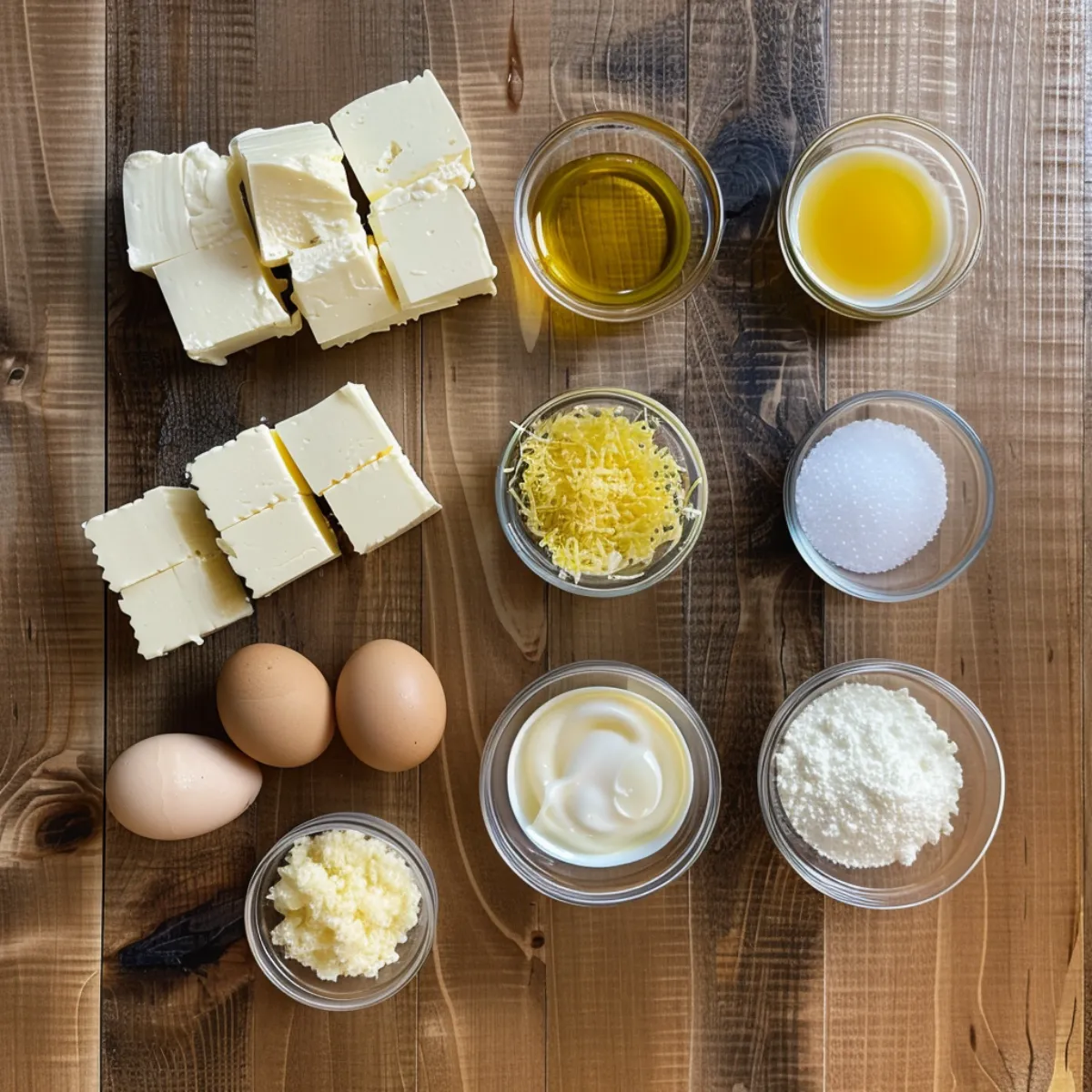 Ingredients for mini Basque cheesecake on rustic kitchen counter