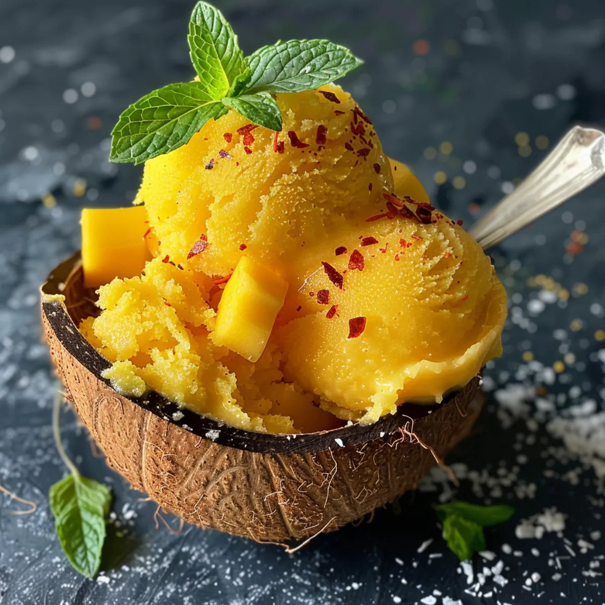 Mango Sorbet Recipe served in a coconut shell with fresh mint and a spicy twist