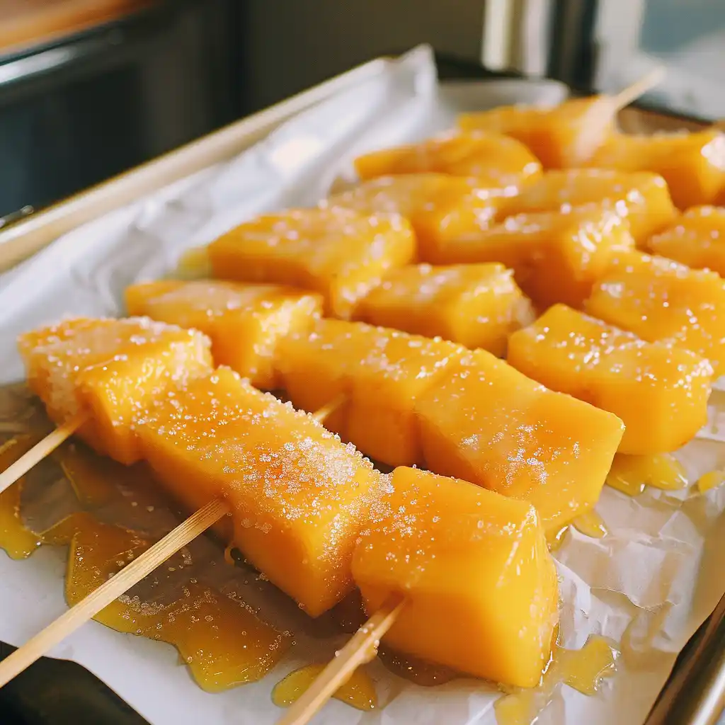 Mango Tanghulu skewers served in a glass jar with fresh fruit